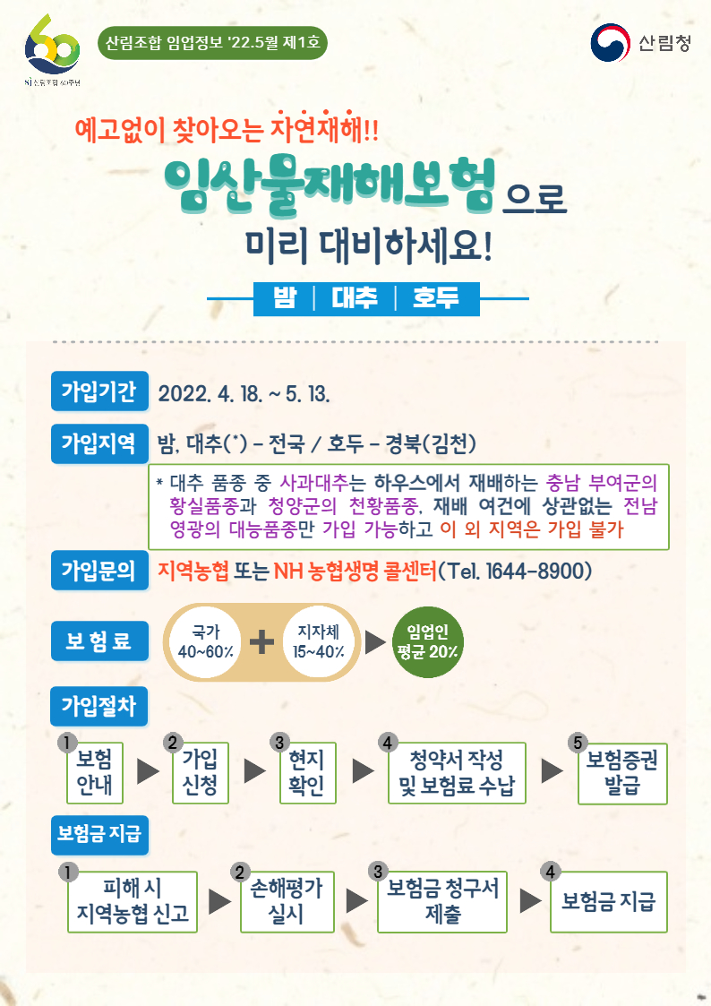 《'22년 5월-제1호 임업정보 알림》임산물재해보험(밤,대추,호두) 안내